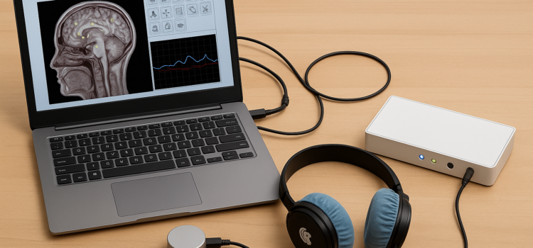 Laptop mit elektronischem Analysegerät auf dem Tisch